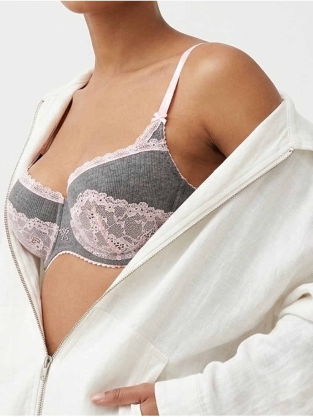 Victoria's Secret 34C Demi Bra Grey Ribbed Pink Lace Coquette Aesthetic